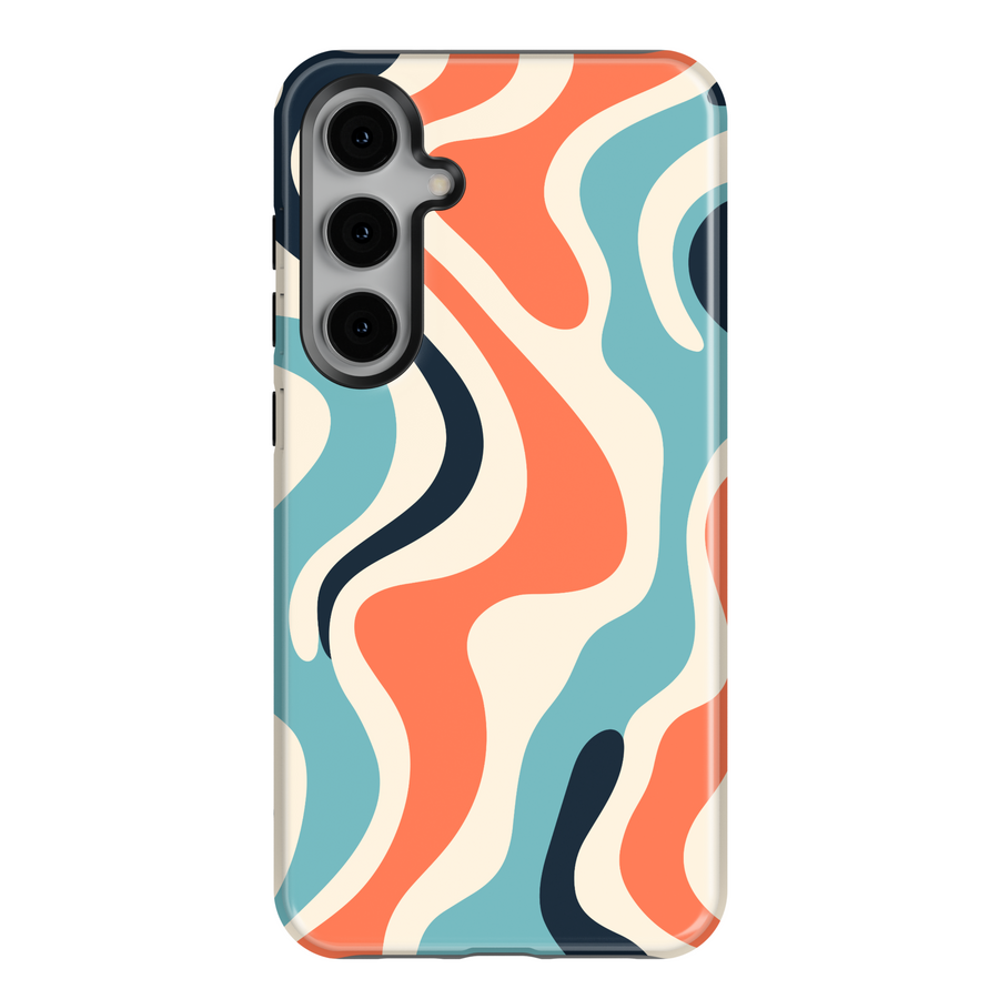 Samsung Galaxy case with retro wavy pattern in coral, aqua, navy, and cream – abstract beach-inspired design for Galaxy S24 Ultra, S25, and S24 FE.