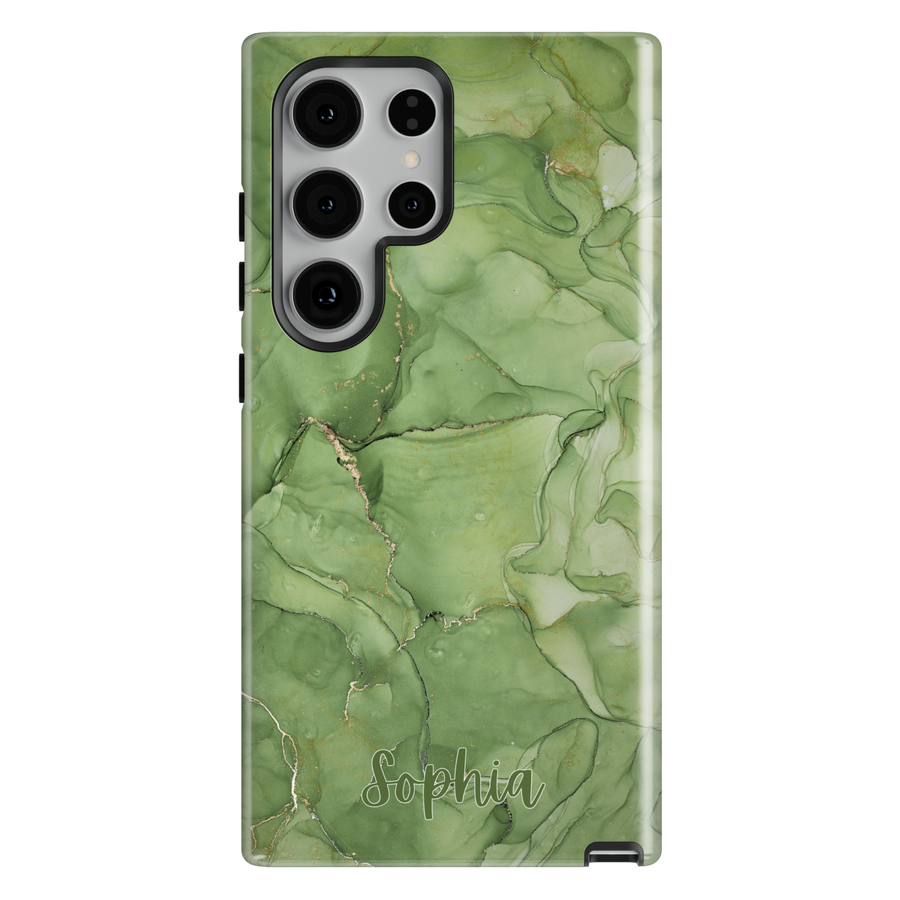 Sage green marble phone case with soft gold veining and personalized name