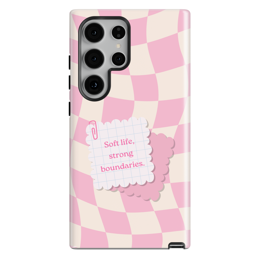 Pink checkerboard phone case with soft life strong boundaries quote on a Samsung Galaxy protective phone case for women