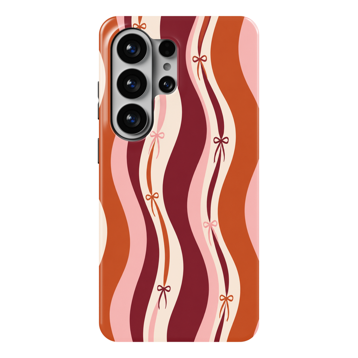 Maple Ribbon Samsung Galaxy case featuring burnt orange, burgundy, blush pink and cream wavy stripes with small ribbon bows.