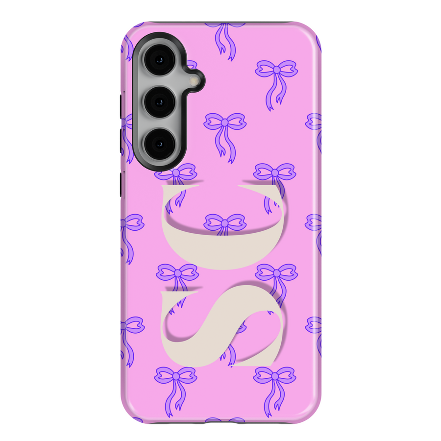 Samsung Galaxy S25 Ultra and S24 FE pink case with purple bow pattern and monogram 