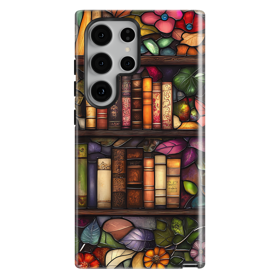 Stained glass Samsung Galaxy case featuring decorative bookshelves, flowers, and leafy details in a warm artistic composition