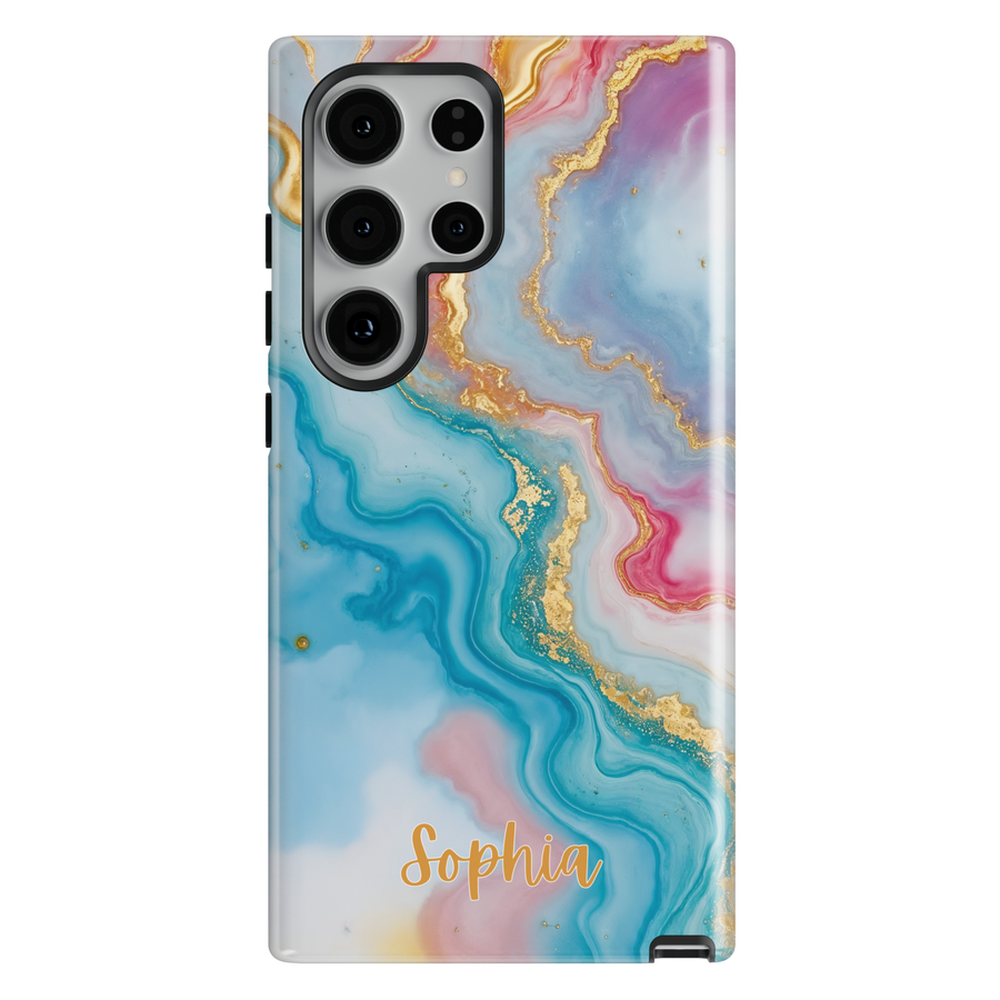 Personalized blue and gold marble Galaxy phone tough case with custom name and glossy abstract swirl design