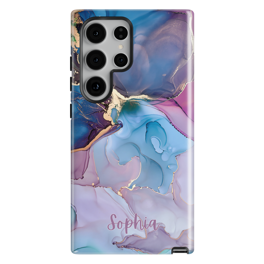 Personalized blue and gold marble Galaxy phone tough case with custom name and glossy abstract swirl design