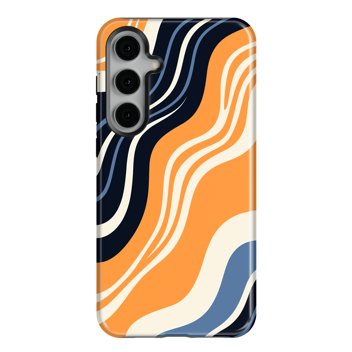 Samsung Galaxy case with retro wavy abstract pattern in navy, orange, cream, and blue – aesthetic phone case for Galaxy S24 Ultra, S25, and S24 FE.