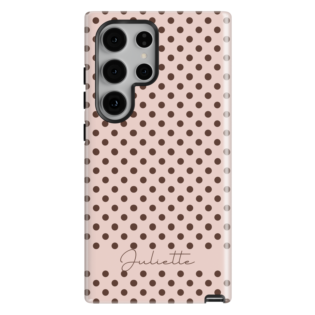 Ivory neutral polka dot personalized phone case with custom name on a protective iPhone and Samsung Galaxy phone case