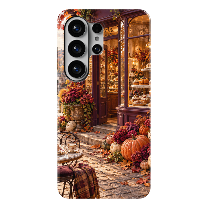 The Pumpkin Patisserie Samsung Galaxy case featuring a glowing pastry shop, orange and cream pumpkins, burgundy flowers and a cobblestone café terrace.