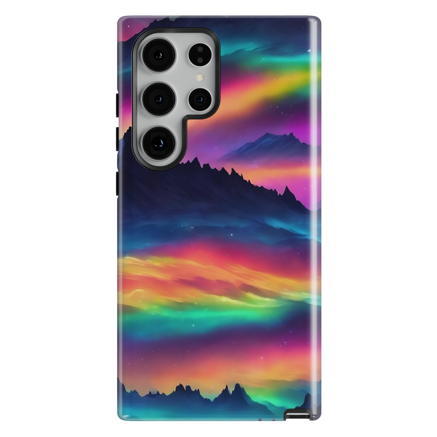 Samsung Galaxy case with aurora sky gradient, colorful horizon glow, and layered mountain silhouettes at night
