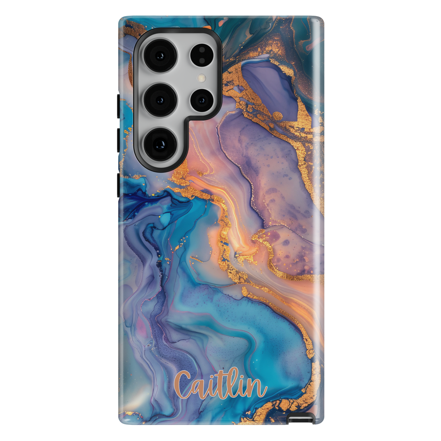 Personalized blue and gold marble Galaxy phone tough case with custom name and glossy abstract swirl design