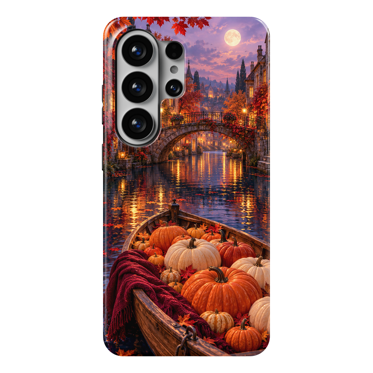 Maplemoon Canal Samsung Galaxy case featuring a pumpkin-filled wooden boat, burgundy blanket and moonlit stone bridge with golden reflections on the water.