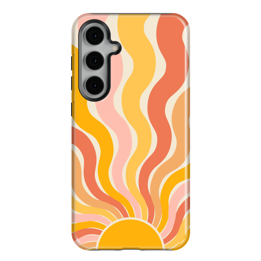 Retro Samsung Galaxy phone case with warm sunburst and wave pattern in orange, peach, and yellow – aesthetic summer design for Galaxy S24 Ultra, S25, S24 FE.