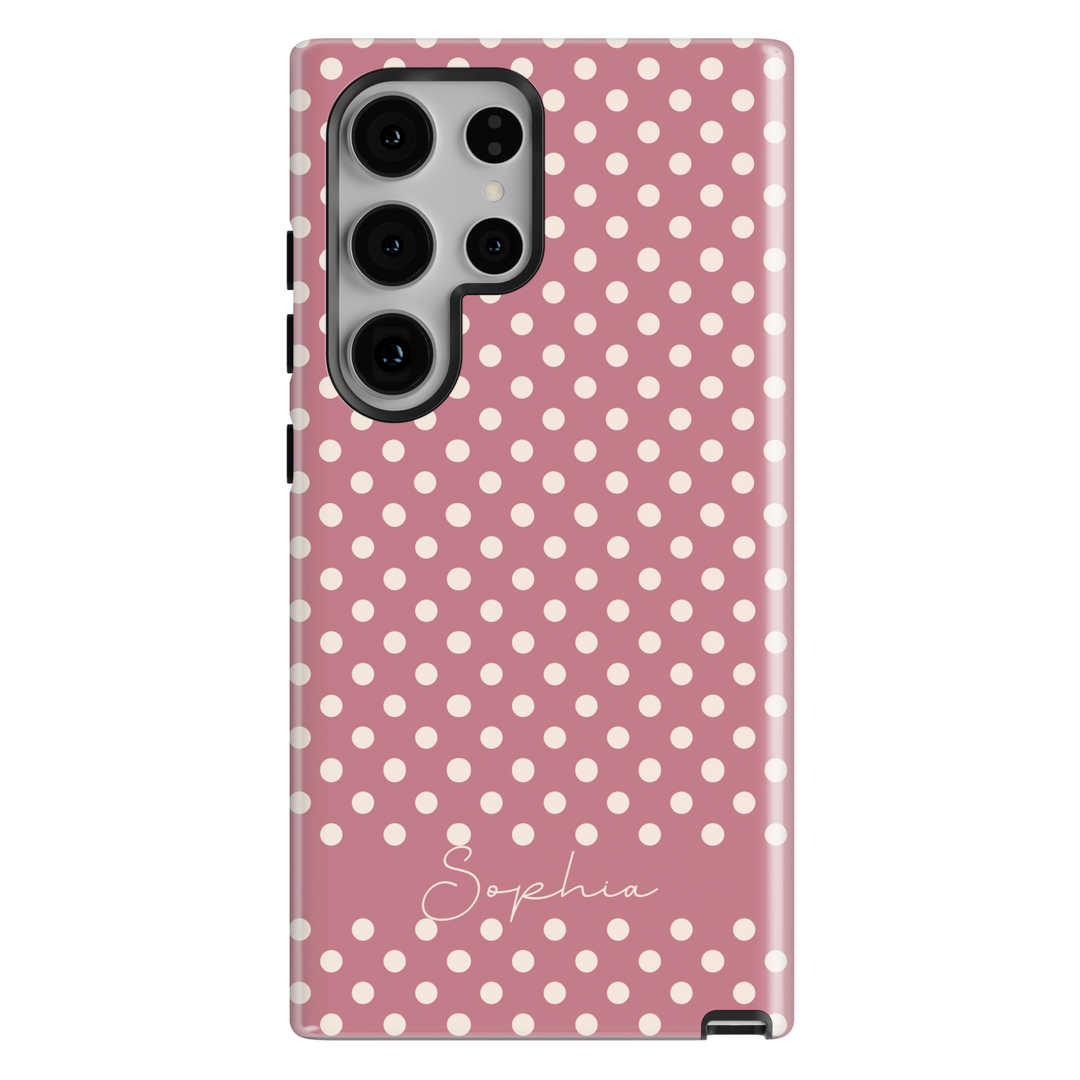 Dusty rose pink polka dot personalized phone case with custom name on a protective iPhone and Samsung Galaxy phone case