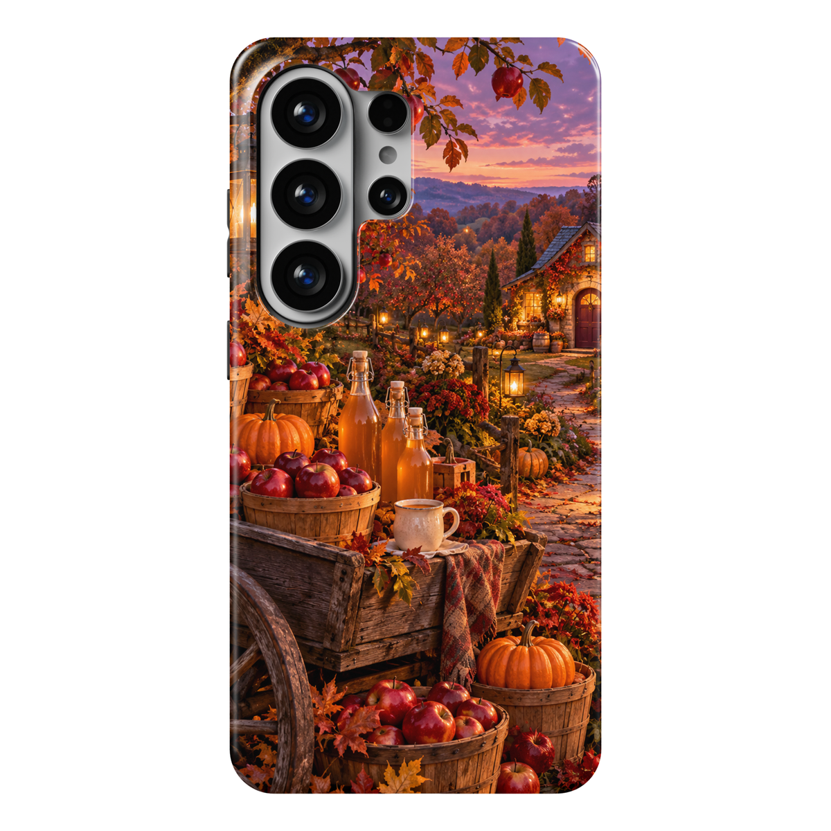 Cider & Stardust Samsung Galaxy case featuring a wooden cart with red apples, cider bottles and pumpkins beside a lantern-lit orchard cottage at dusk.