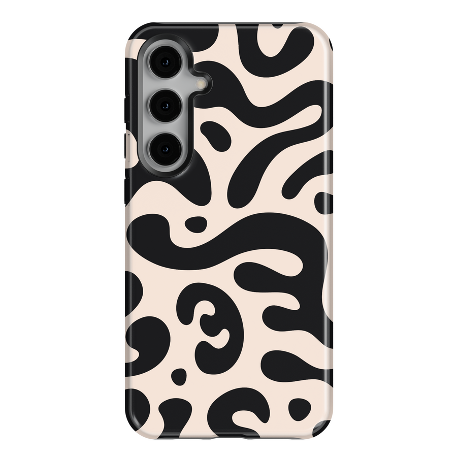 Samsung Galaxy S25 Ultra and S24 FE case with abstract black and beige modern organic pattern.

