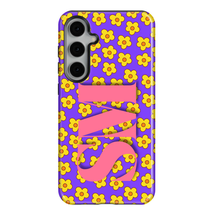 Samsung Galaxy S25 Ultra and S24 FE case with retro yellow daisy floral pattern on purple background and pink monogram.