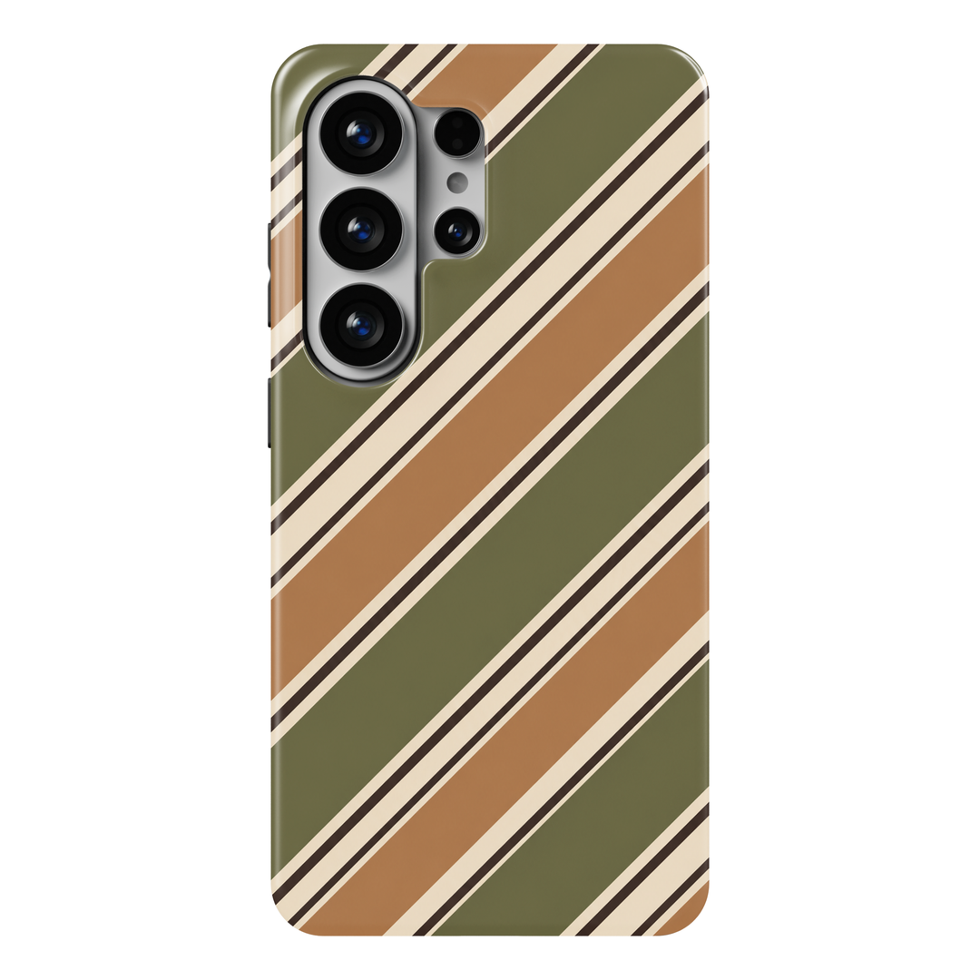 Olive Atelier Samsung Galaxy case featuring broad olive green and caramel diagonal stripes with narrow cream and dark brown accent lines.