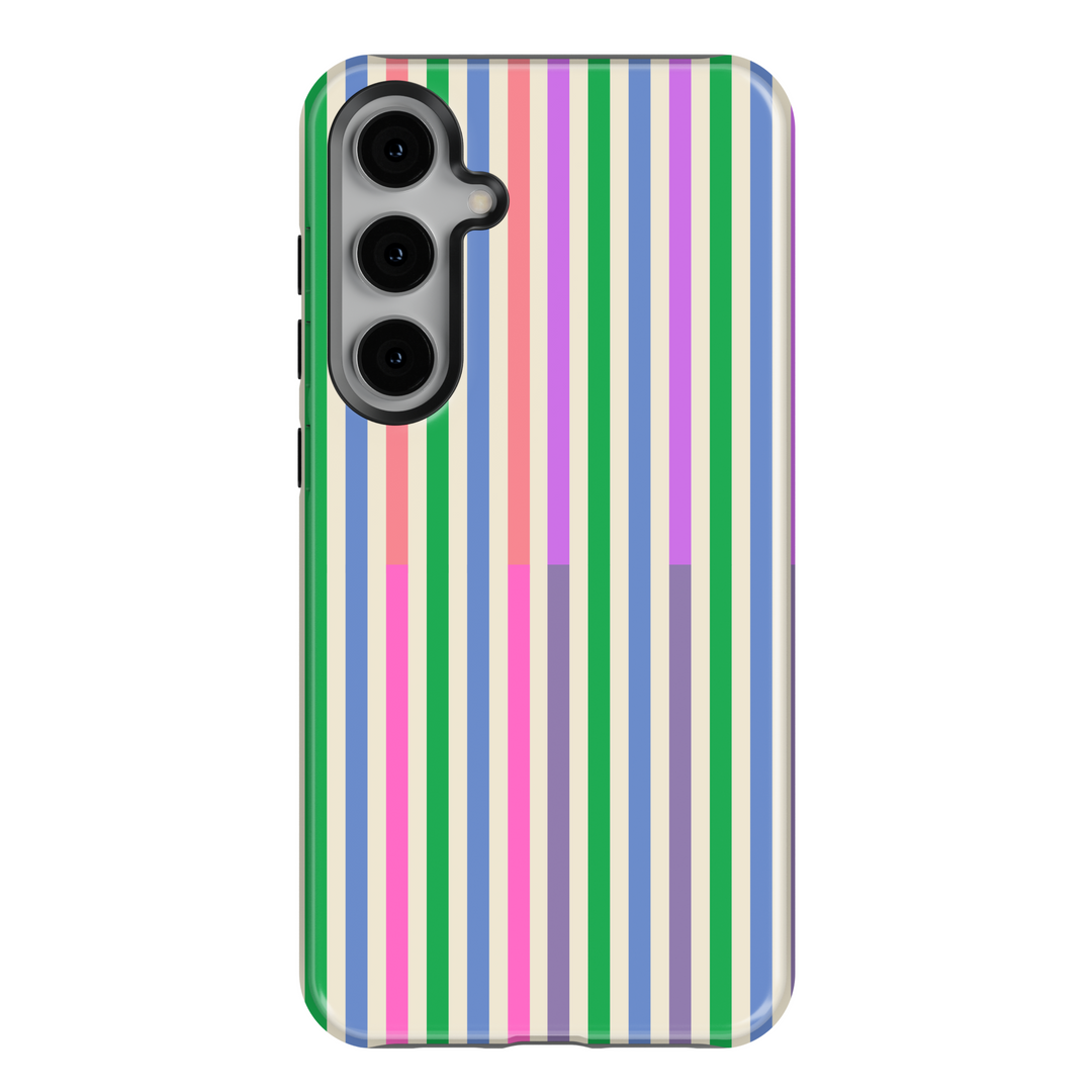 Colorful vertical striped Samsung Galaxy case with green, pink, purple, and blue lines. Compatible with Galaxy S24 Ultra, S24 Plus, and S23 FE. Fun and modern design.