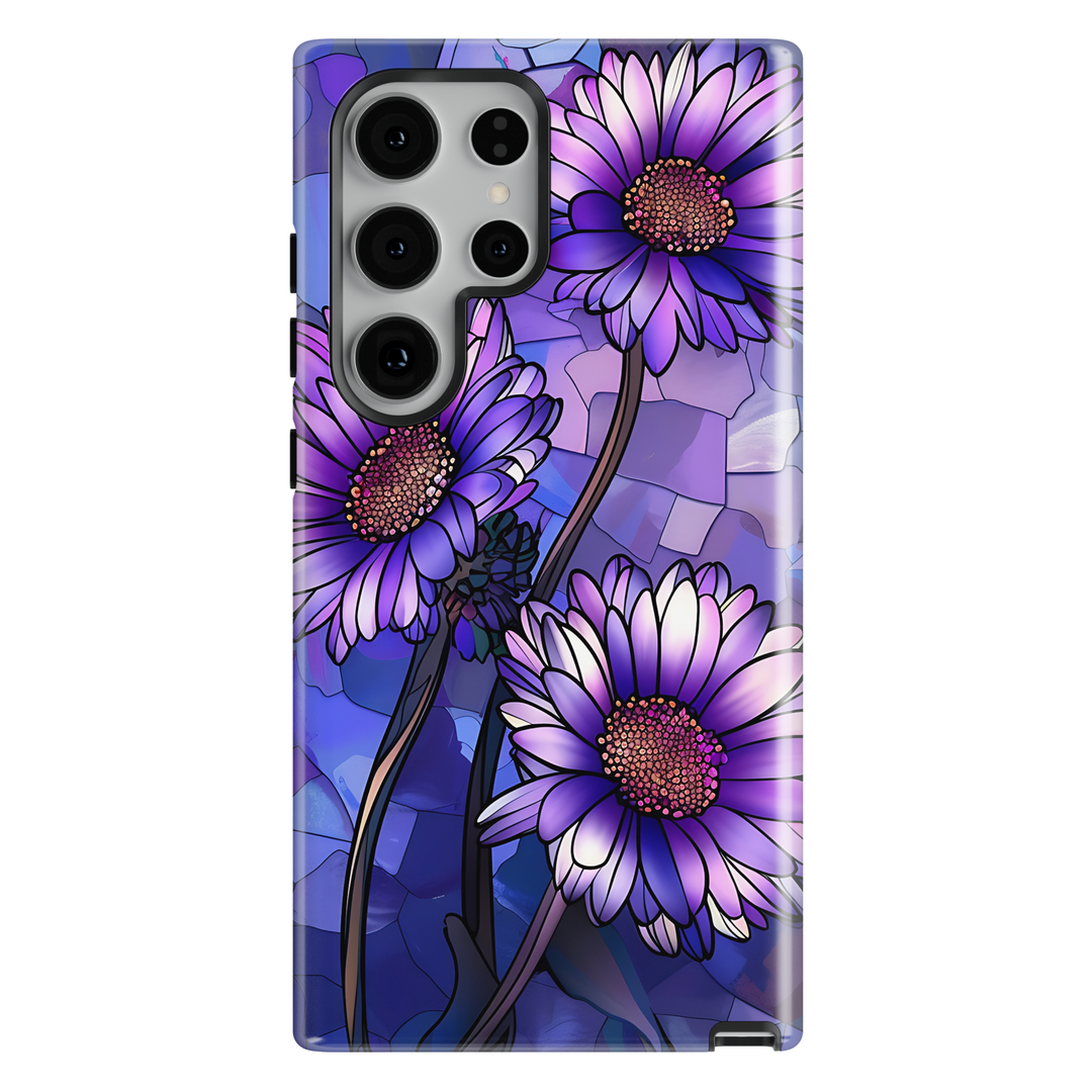 Purple stained glass floral Samsung Galaxy case with violet daisy flowers and mosaic design