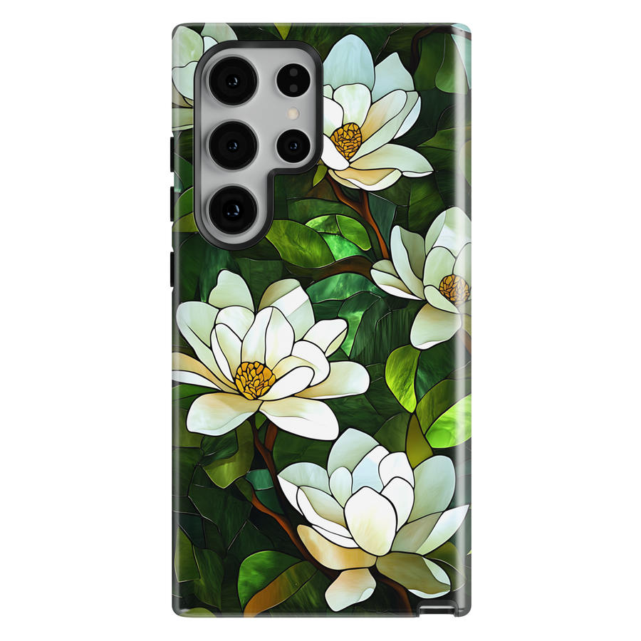 Green magnolia floral phone case with white flowers and stained glass style design