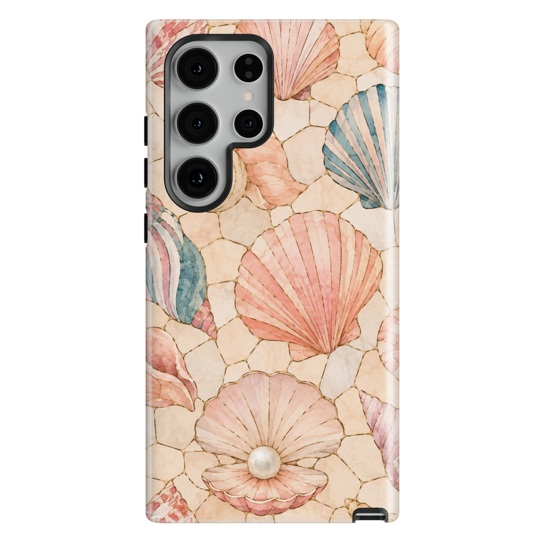Samsung Galaxy phone case featuring pastel pink and blue seashells on a soft sandy mosaic beach-inspired background.