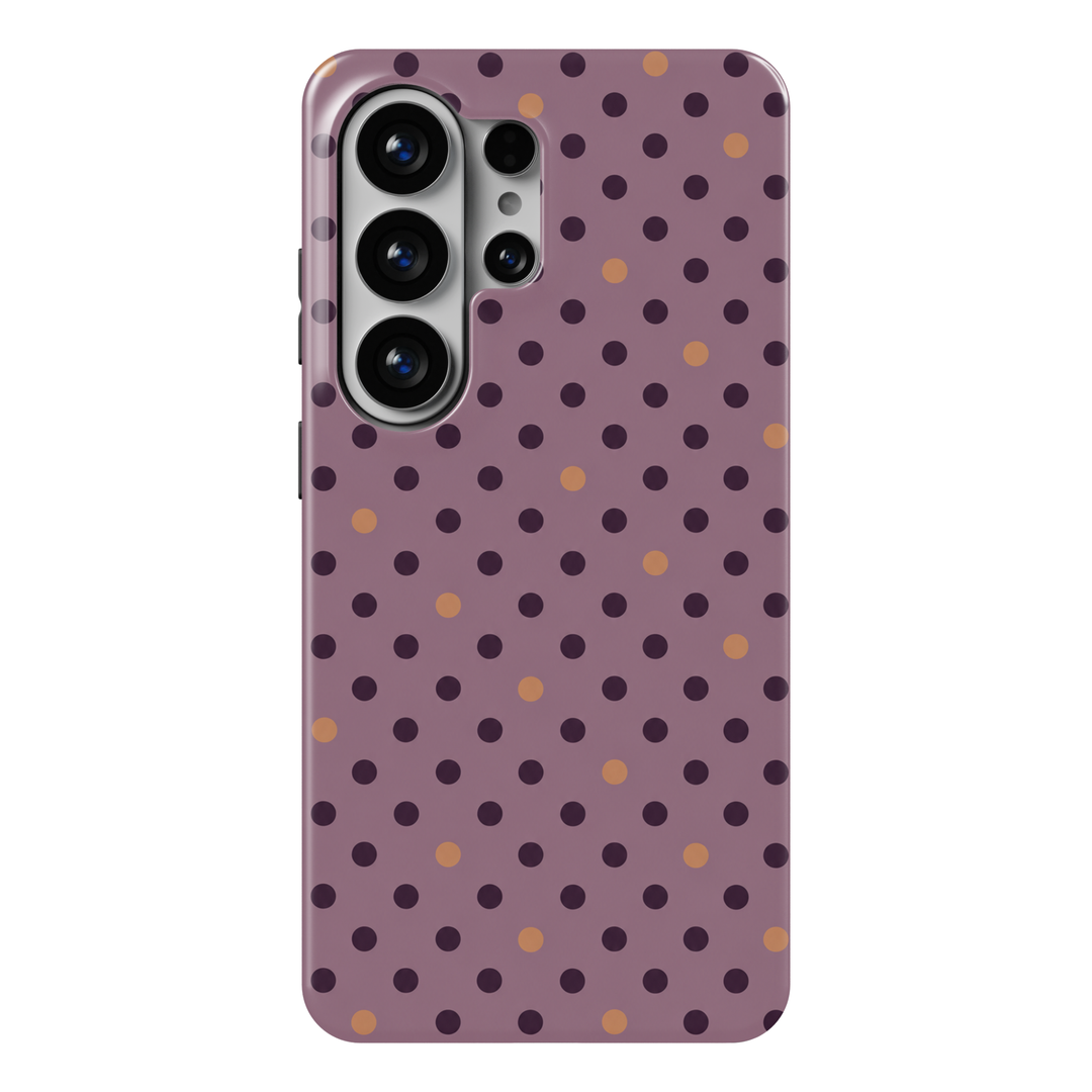 Plum Seduction Samsung Galaxy case featuring small dark plum polka dots and copper accents on a dusty mauve background with a glossy finish.