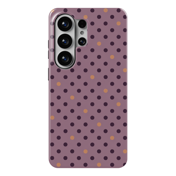 Plum Seduction Samsung Galaxy case featuring small dark plum polka dots and copper accents on a dusty mauve background with a glossy finish.