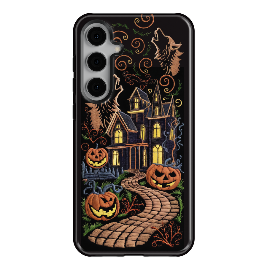 Samsung Galaxy S25 Ultra and S24 FE case with haunted mansion, jack-o’-lanterns, swirling vines, and howling wolf embroidery design.