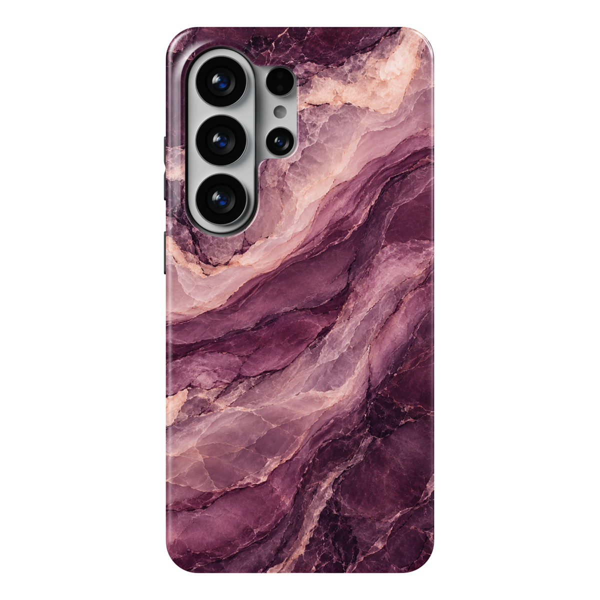 Plum Mirage Samsung Galaxy case featuring flowing purple, mauve, and blush pink marble bands with pale peach veins and a glossy finish.