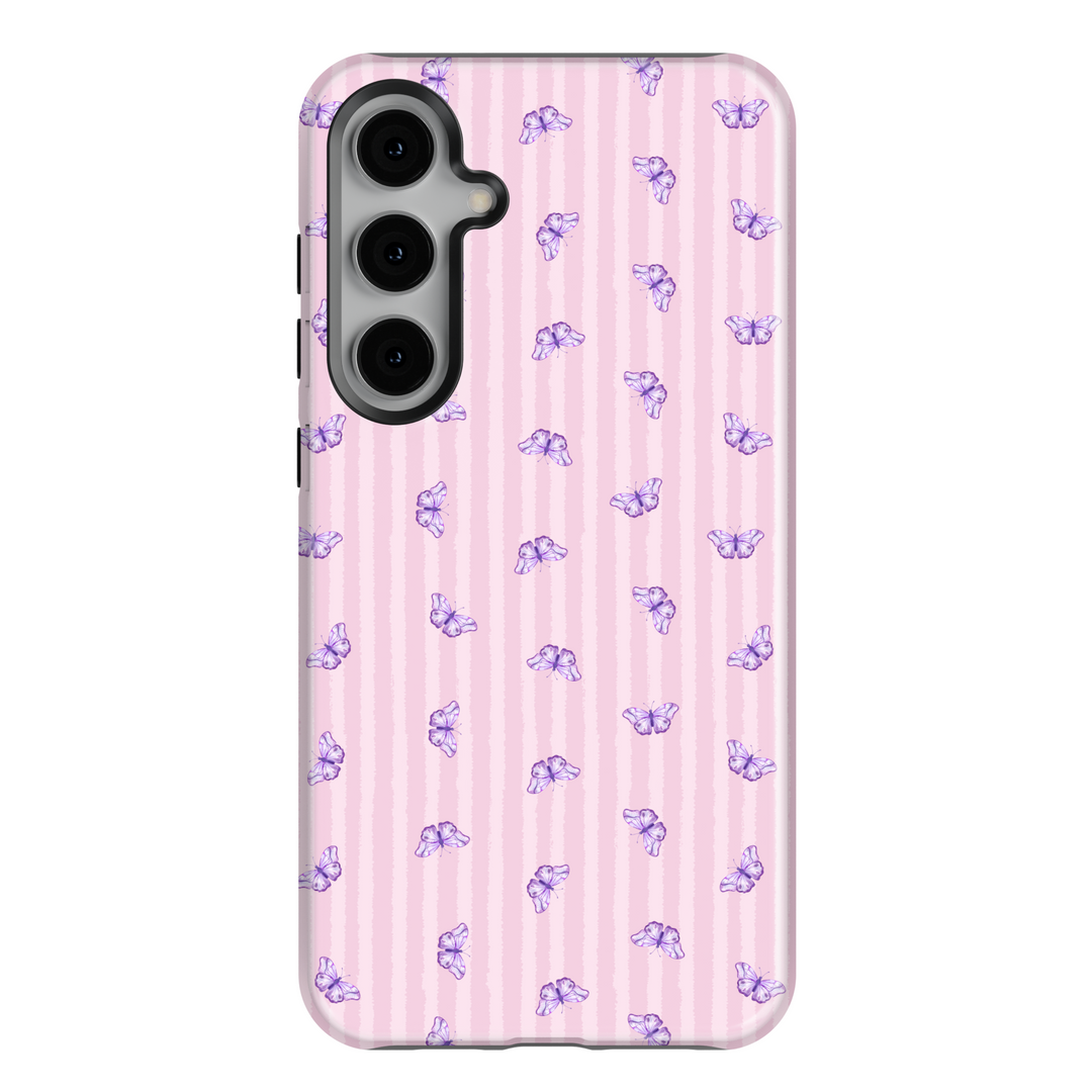 Samsung Galaxy phone case with violet butterfly pattern on light pink vertical stripes – cute girly aesthetic protective case for Galaxy S25 Ultra, S24 FE, and S23 Ultra