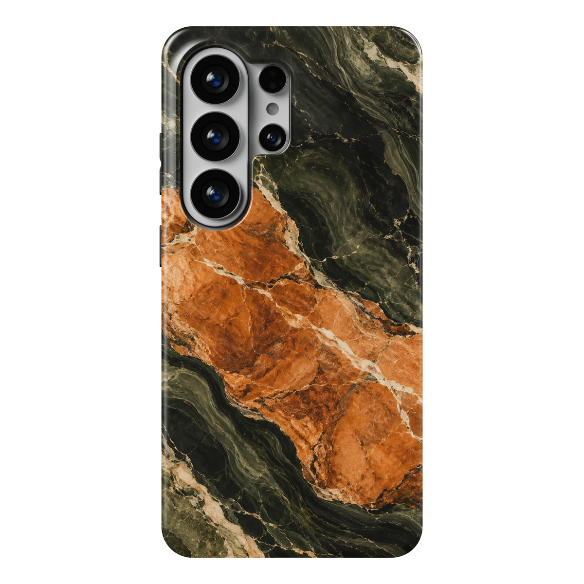 Harvest Noir Samsung Galaxy case featuring dark olive green and black marble with a bold burnt orange band, cream veins, and a glossy finish.