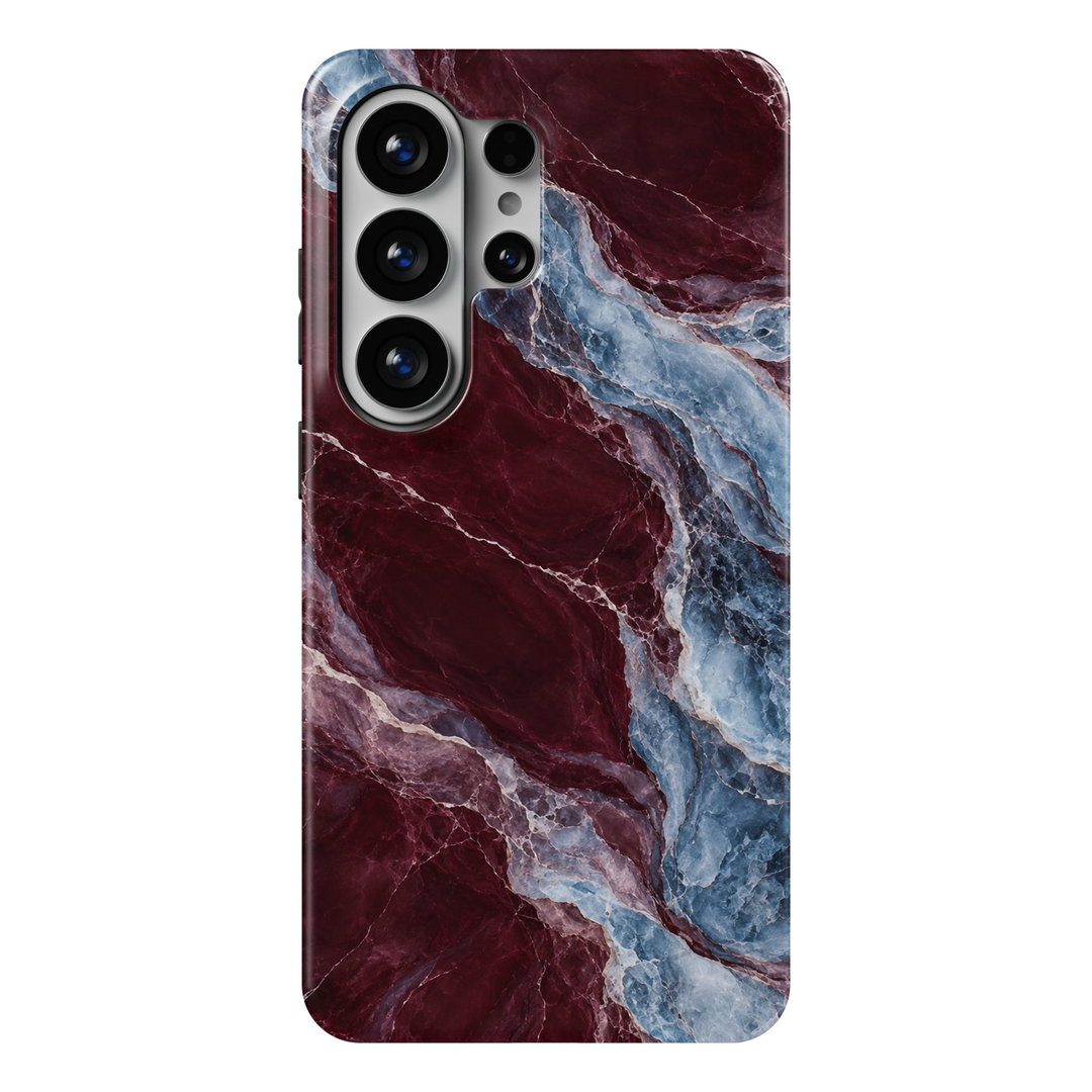 Blue Hour Bordeaux Samsung Galaxy case featuring deep burgundy marble with flowing glacier blue bands, smoky mauve accents, and fine cream veins.