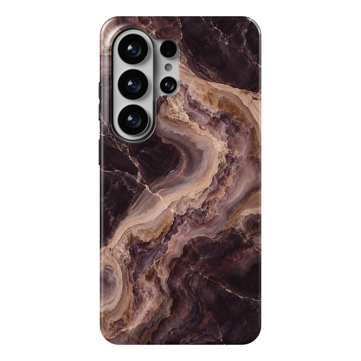 Espresso Agate Samsung Galaxy case featuring dark plum and brown marble with winding cream, caramel, and mauve agate bands in a glossy finish.