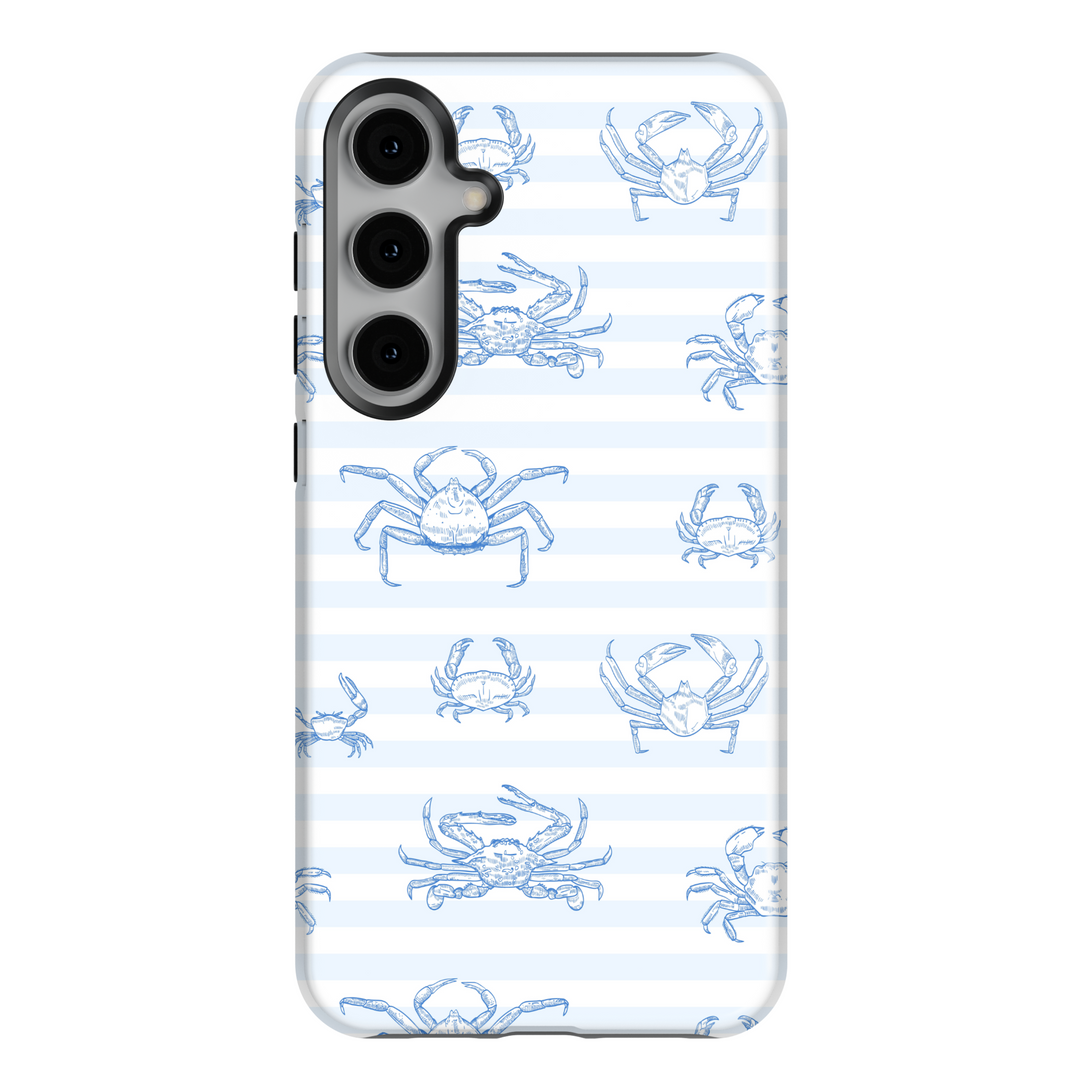 Samsung Galaxy S25 Ultra & S24 FE Case – Light Blue and White Striped Background with Nautical Crab Illustrations