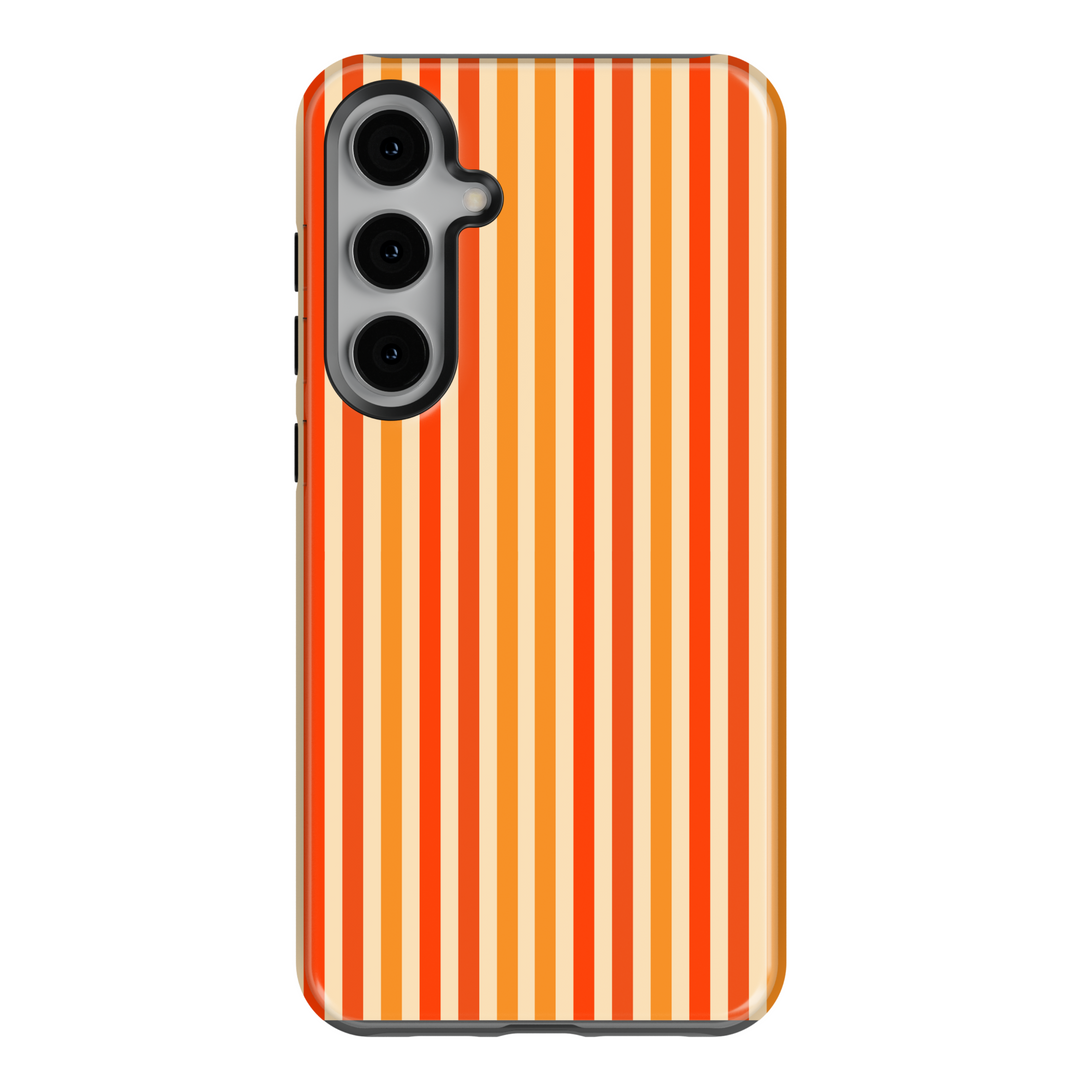 Retro orange striped Samsung Galaxy case with vertical red and orange lines. Compatible with Galaxy S24 Ultra, S24 Plus, and S23 FE. Bold, vintage aesthetic.