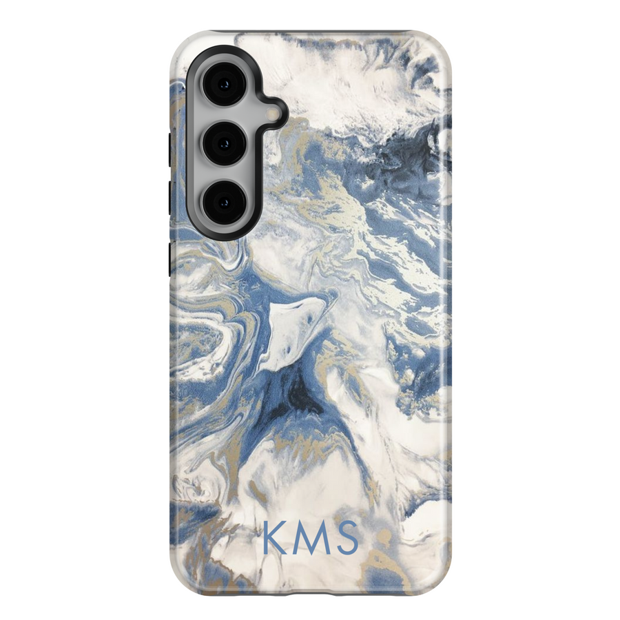 Samsung Galaxy S25 Ultra and S24FE tough phone case with blue, white, and gold marble design and custom monogram.