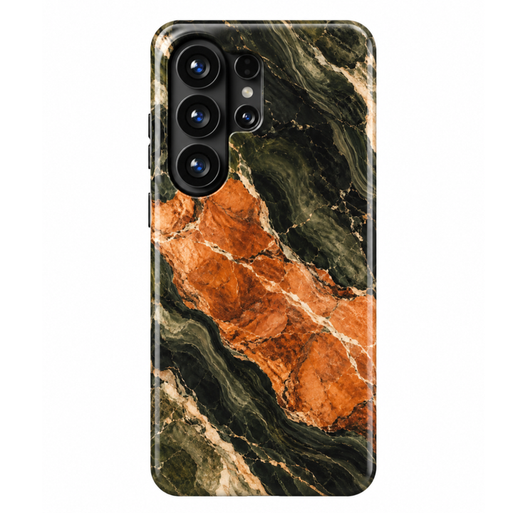 CASELIX Harvest Noir Samsung Galaxy case with glossy dark olive green marble, a sweeping burnt orange band and fine cream veining.