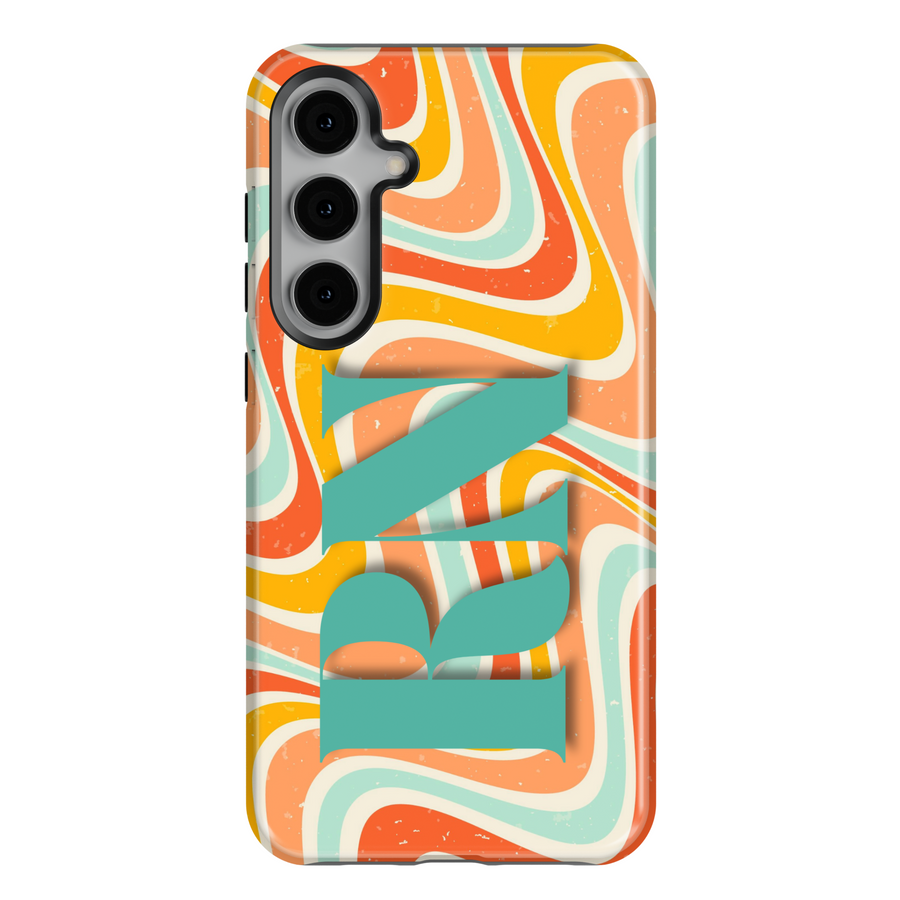 Samsung Galaxy S25 Ultra and S24FE tough phone case for women with colorful retro wave design in orange, yellow, teal, and cream – protective case.