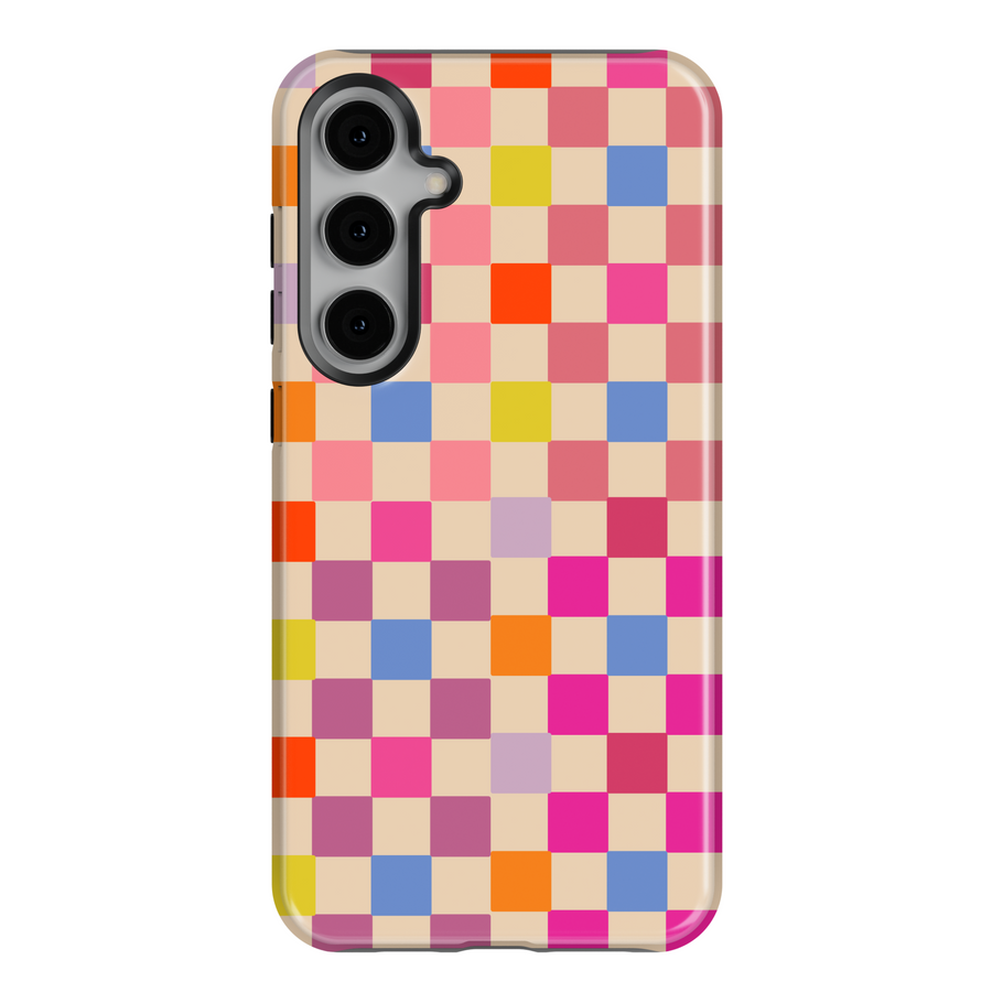 Colorful Samsung Galaxy checkerboard phone case with multicolor pastel squares. Fits Galaxy S24 Ultra, S24 Plus, and S23 FE. Playful candy-color aesthetic.