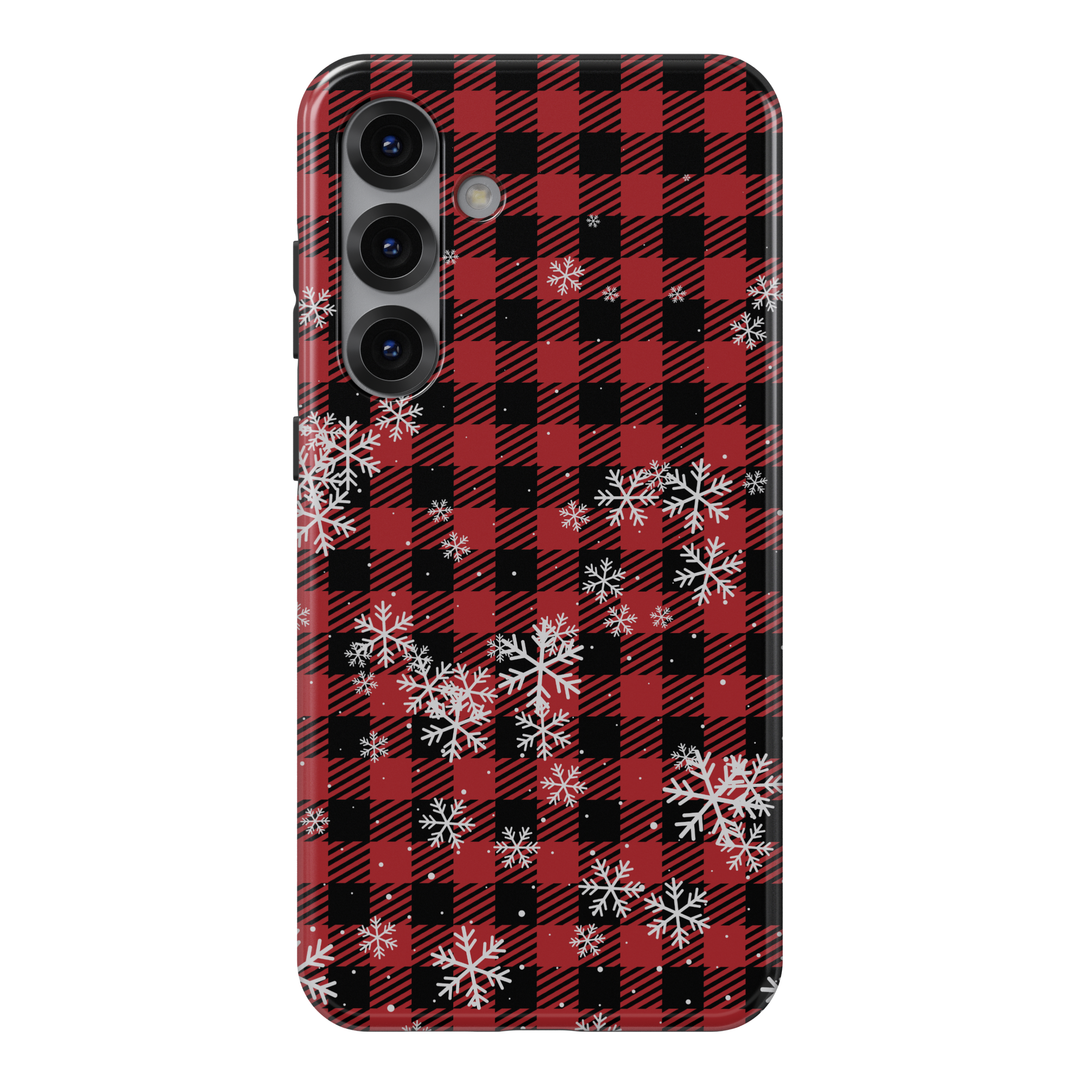 Red and black buffalo plaid iPhone case with white snowflakes holiday winter pattern