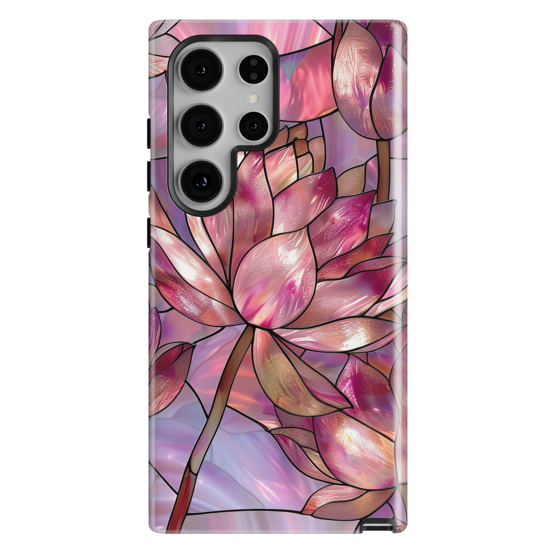 Pink floral stained glass Samsung Galaxy case with elegant lotus flower design