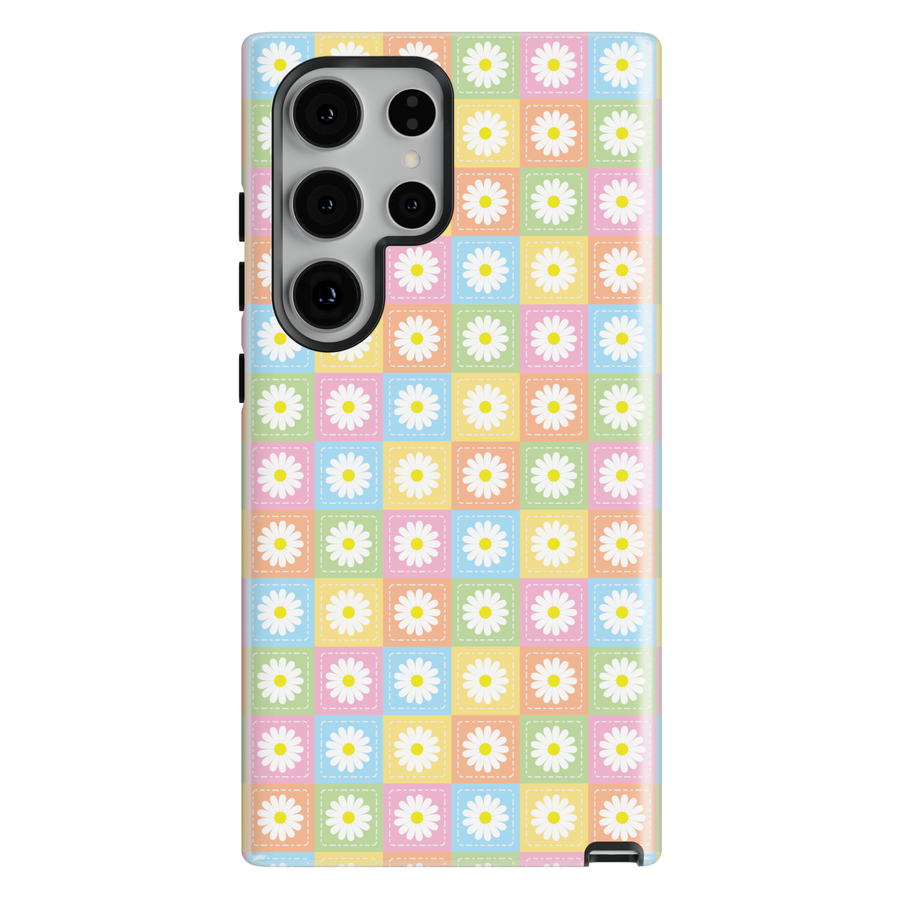 Pastel daisy checkerboard phone case with colorful floral pattern for iPhone and Samsung