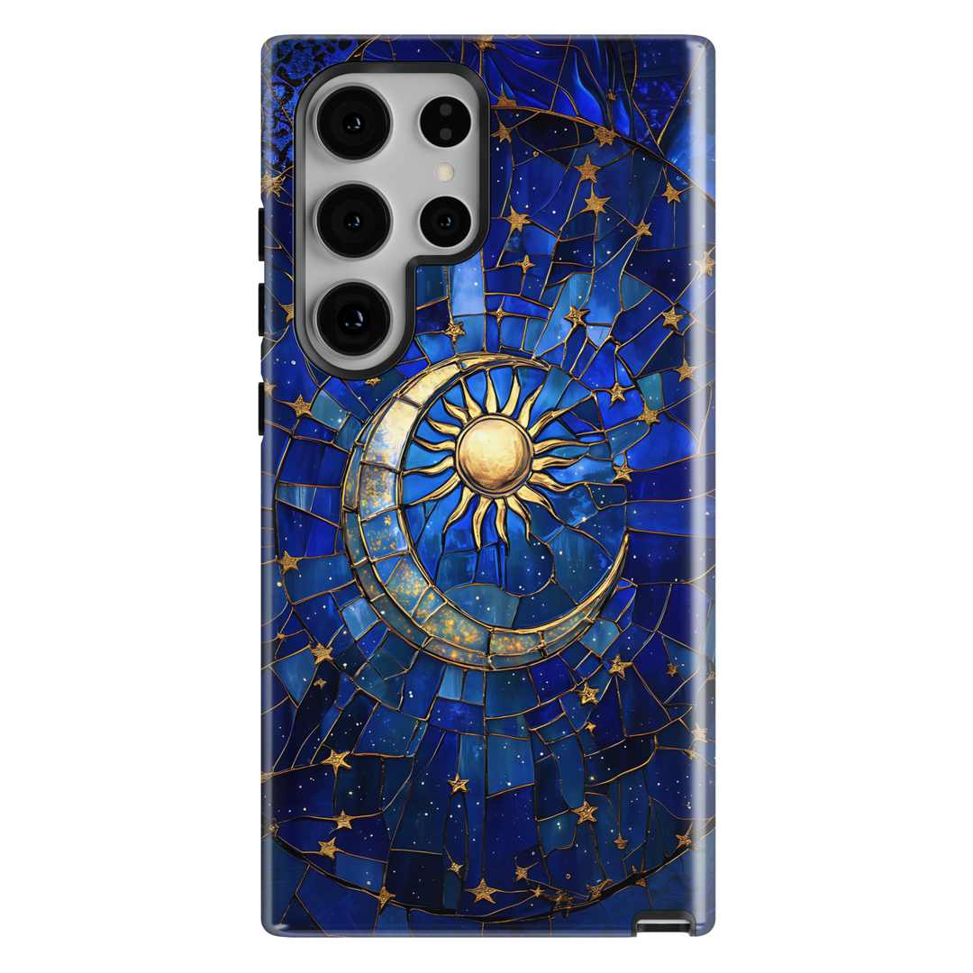 Blue celestial phone case with stained glass sun and crescent moon surrounded by gold stars