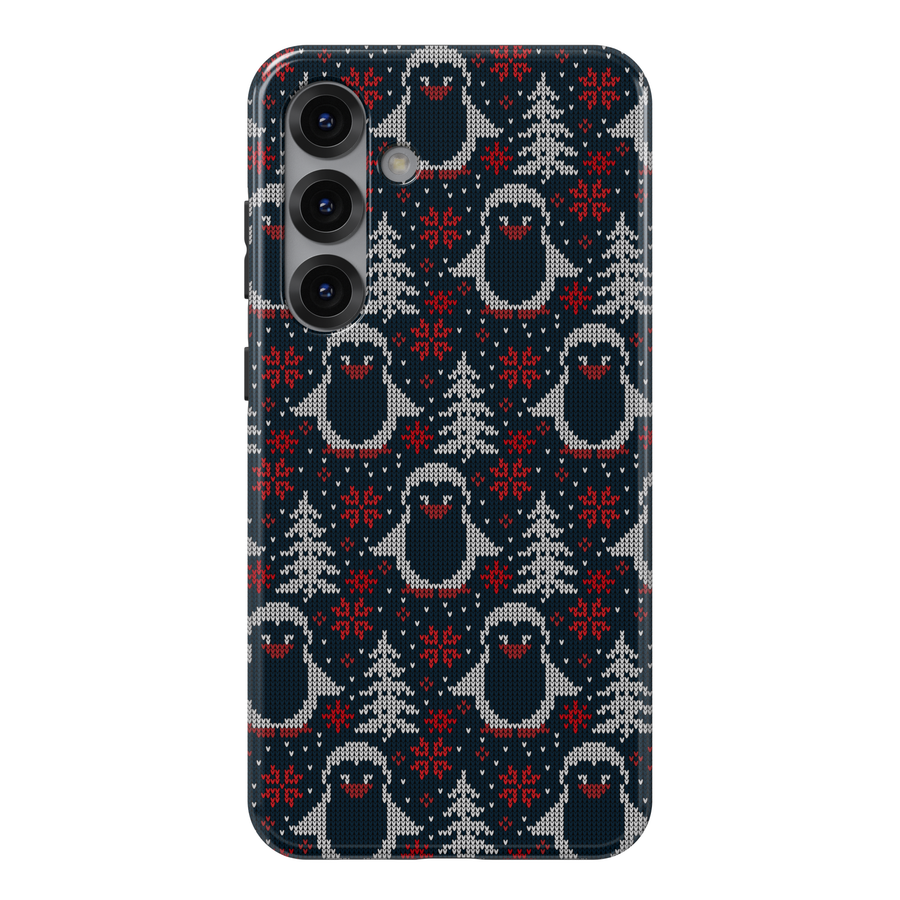 Navy blue Christmas phone case with white knitted penguins, red snowflakes, and winter trees sweater pattern