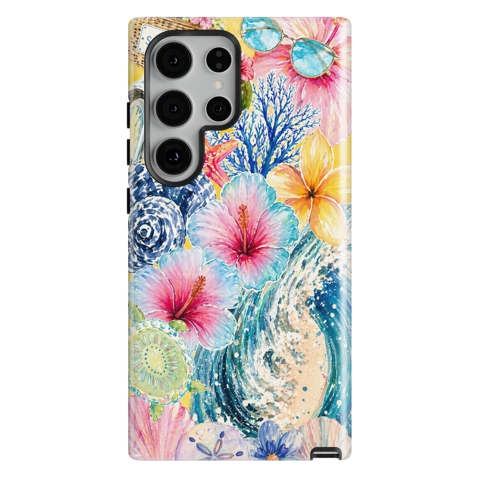 Coastal floral Samsung Galaxy S26 Ultra case with hibiscus flowers, seashell textures and ocean wave design in soft beach colors.