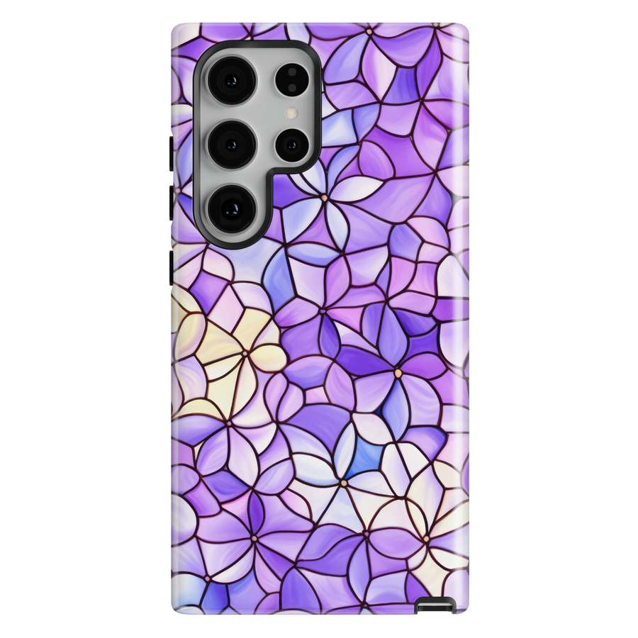 Purple stained glass floral Samsung Galaxy case with lilac mosaic design
