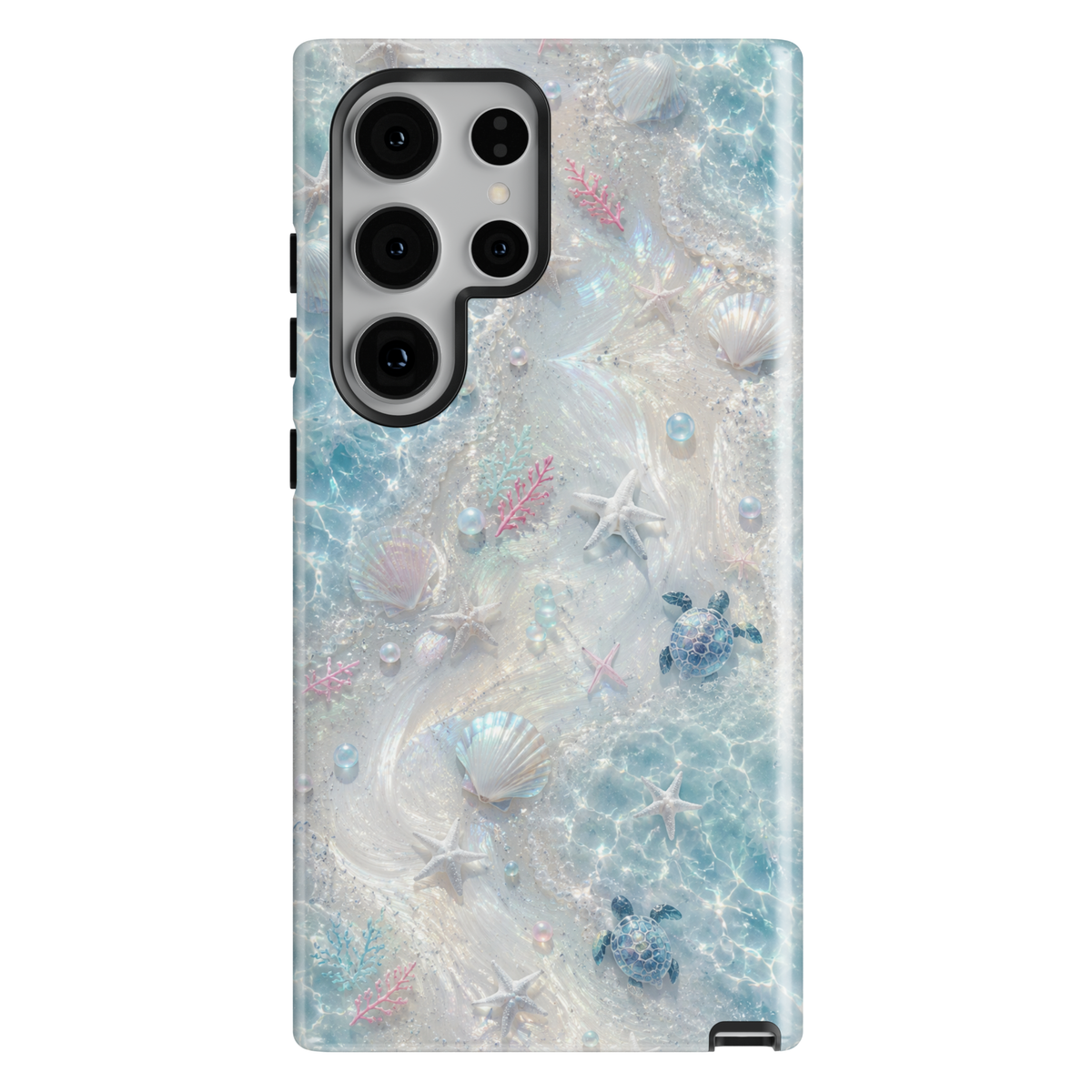 Beach-themed Samsung Galaxy phone case with sea turtles, seashells, pearls, and coastal ocean-inspired artwork.
