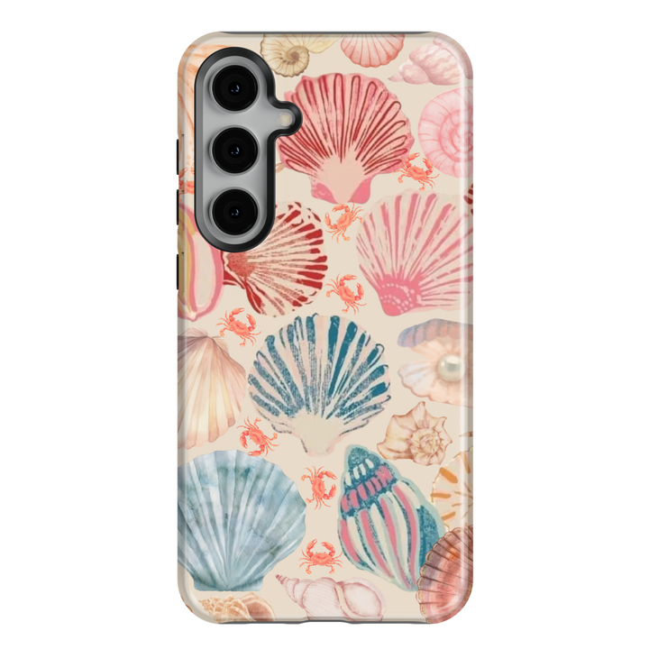 Samsung Galaxy S25 Ultra & S24 FE Tough Case – Cream Background with Pastel Seashell and Coral Crab Illustration