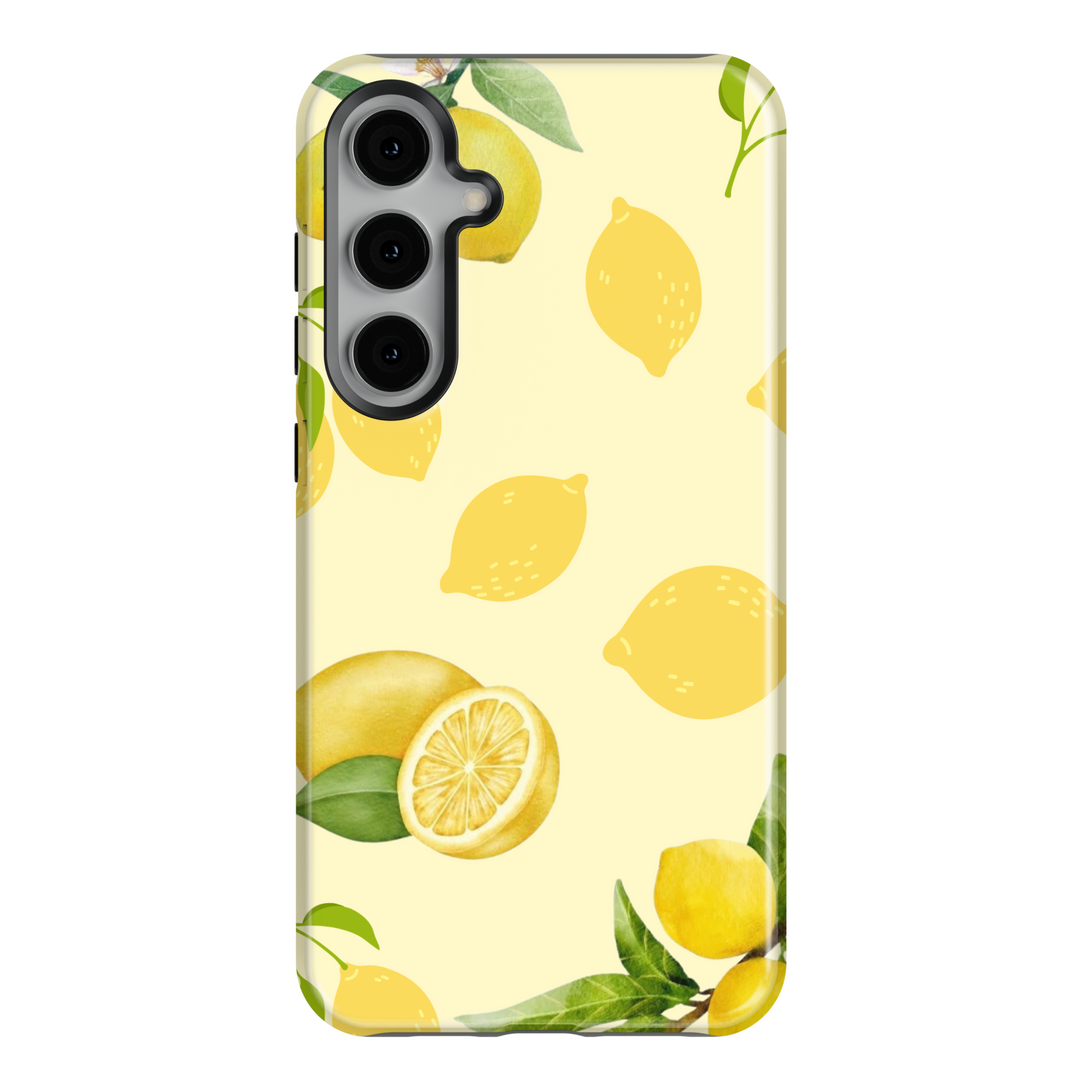 Samsung Galaxy phone case with watercolor lemon pattern and leaves on a light yellow background. Compatible with Galaxy S24 Ultra, S24 Plus, and S23 FE. Refreshing citrus design.