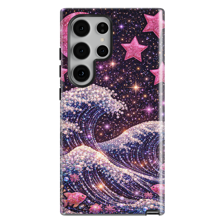 Sparkling galaxy ocean wave phone case with pink star accents and glam glitter aesthetic cover for iPhone 16 Pro Max and Samsung Galaxy S25 Ultra