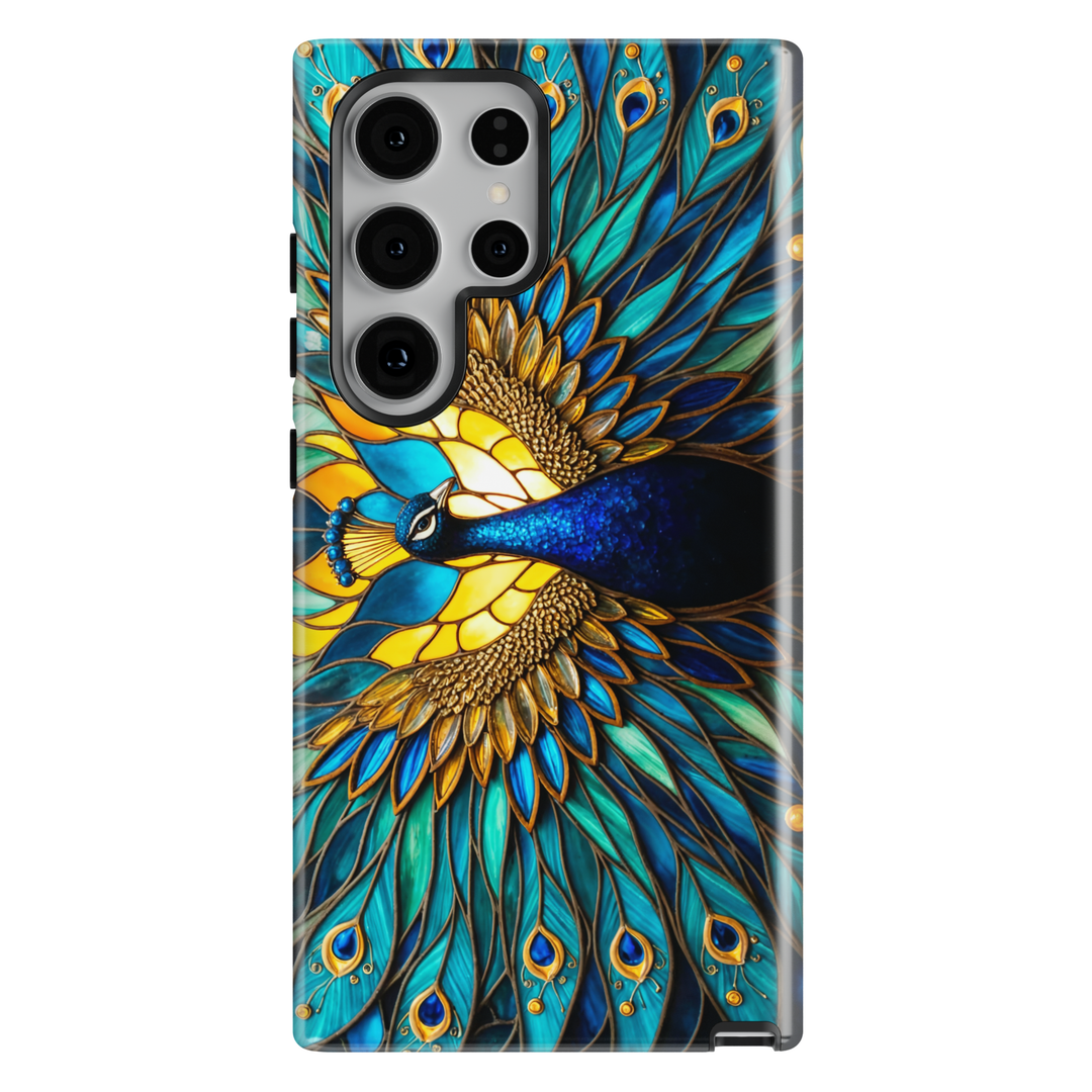 Stained glass peacock Samsung Galaxy case with teal and gold feather artwork